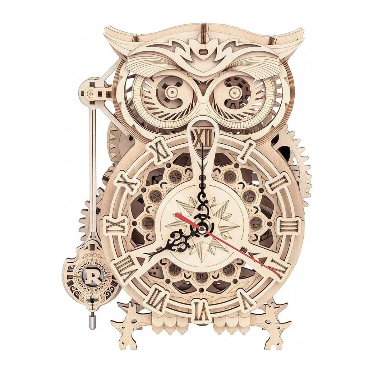Horloge en bois clair en forme de hibou, cadran à chiffres romains et balancier suspendu