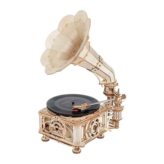 Gramophone en bois clair à grand pavillon en forme de fleur, disque noir posé sur le plateau, sur fond blanc