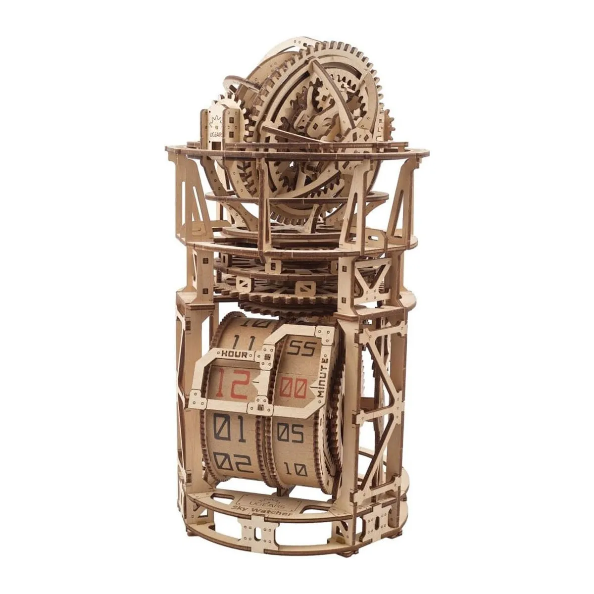 Pendulette Sky Watcher Ugears en bois : tour de l’observatoire surmontée de la sphère du tourbillon, sur fond blanc
