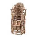 Pendulette Sky Watcher Ugears en bois : tour de l’observatoire surmontée de la sphère du tourbillon, sur fond blanc
