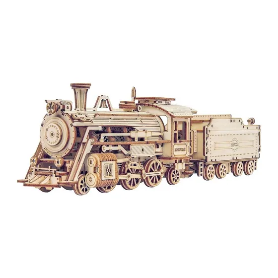 Locomotive à vapeur en bois clair et son wagon-tender, vue de trois quarts