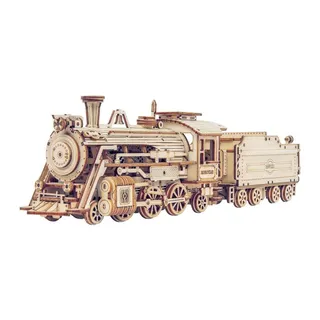Locomotive à vapeur en bois clair et son wagon-tender, vue de trois quarts