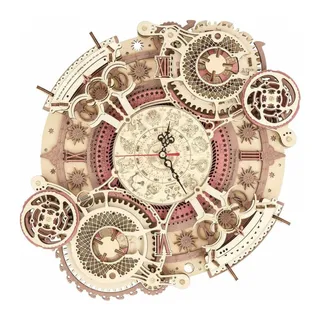 Horloge ronde en bois finement gravée, cadrans satellites dentelés et anneaux teintés rose