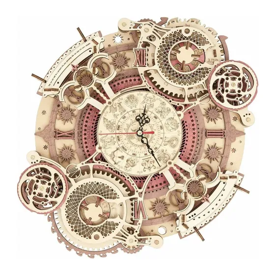 Horloge ronde en bois finement gravée, cadrans satellites dentelés et anneaux teintés rose