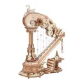 Harpe de bois surmontée d'un cygne, cordes transparentes perlées et tabouret assorti