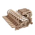 Célesta mécanique en bois vu de trois quarts, clavier de huit touches et tambour de programmation, sur fond blanc
