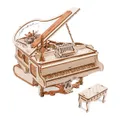 Piano à queue miniature en contreplaqué clair, couvercle ouvert, tabouret assorti à côté