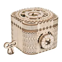 Coffret en bois clair à motifs ondulés, molette à chiffres sur la face avant et clé en bois posée devant