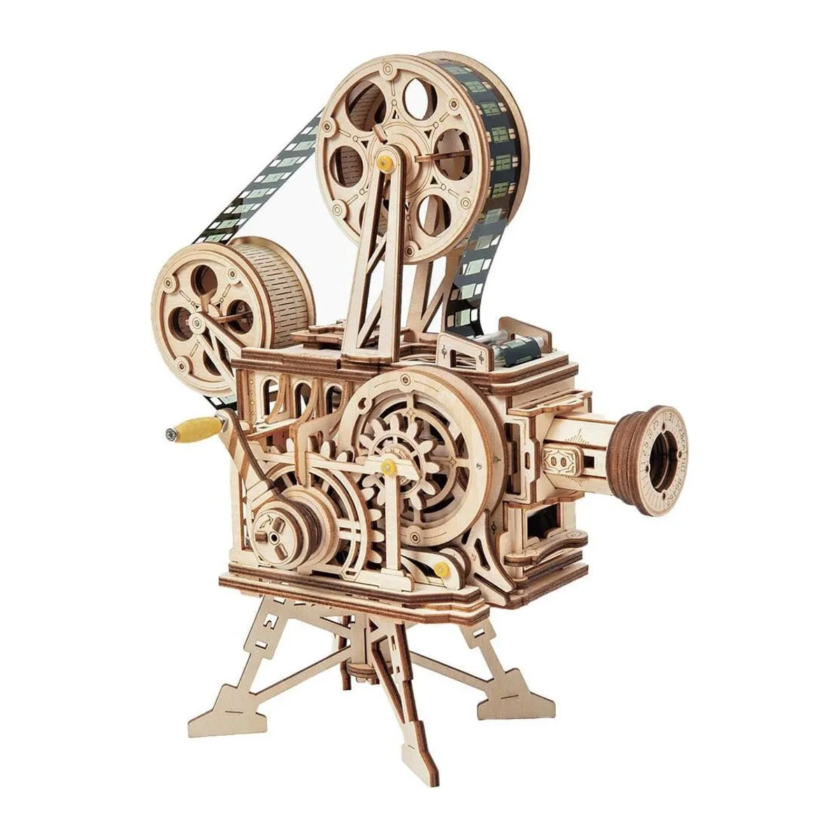Projecteur Vitascope en bois clair sur son trépied, bobines et courroie apparentes, sur fond blanc