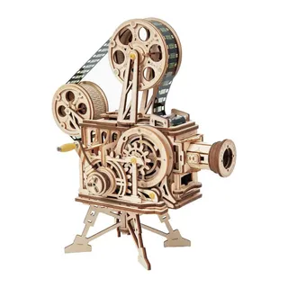 Projecteur Vitascope en bois clair sur son trépied, bobines et courroie apparentes, sur fond blanc