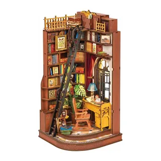 Book nook Silent Corner Study monté : rayonnages, échelle et rocking-chair dans un angle arrondi, sur fond blanc