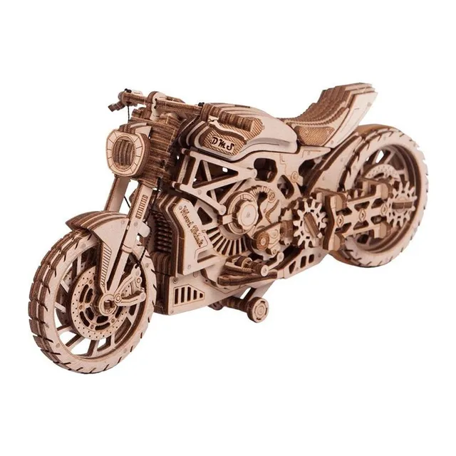 Moto sportive en bois clair vue de trois quarts avant, sur fond blanc