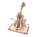 Violoncelle mécanique en bois clair dressé sur un socle en forme de livre ouvert
