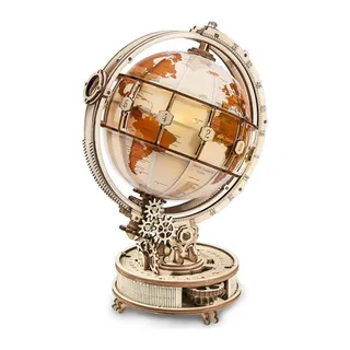 Globe en bois à continents orange sur son socle rond, engrenages apparents visibles