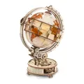 Globe en bois à continents orange sur son socle rond, engrenages apparents visibles