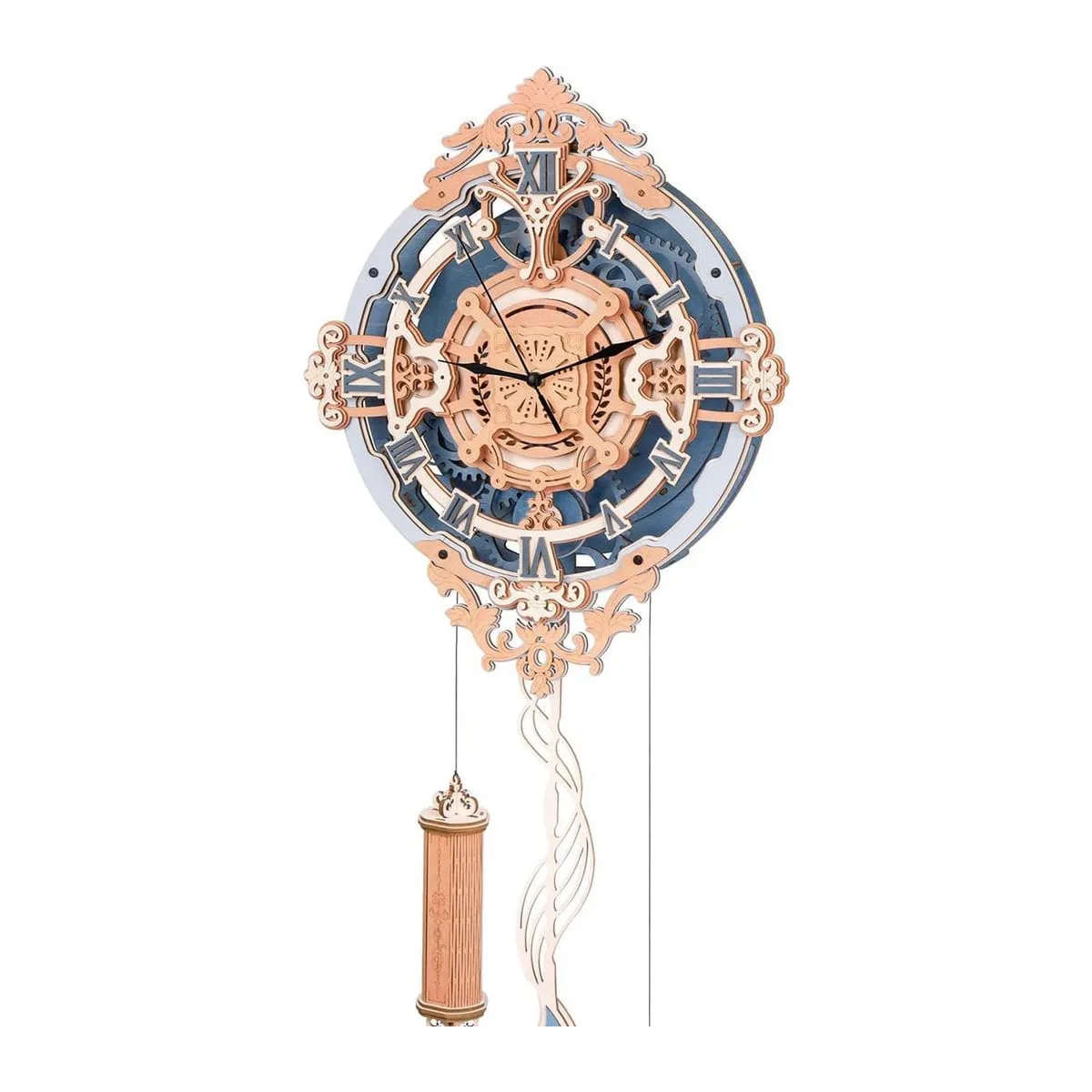 Cadran baroque en bois rosé et bleu ardoise, balancier coupé par le bas de l'image