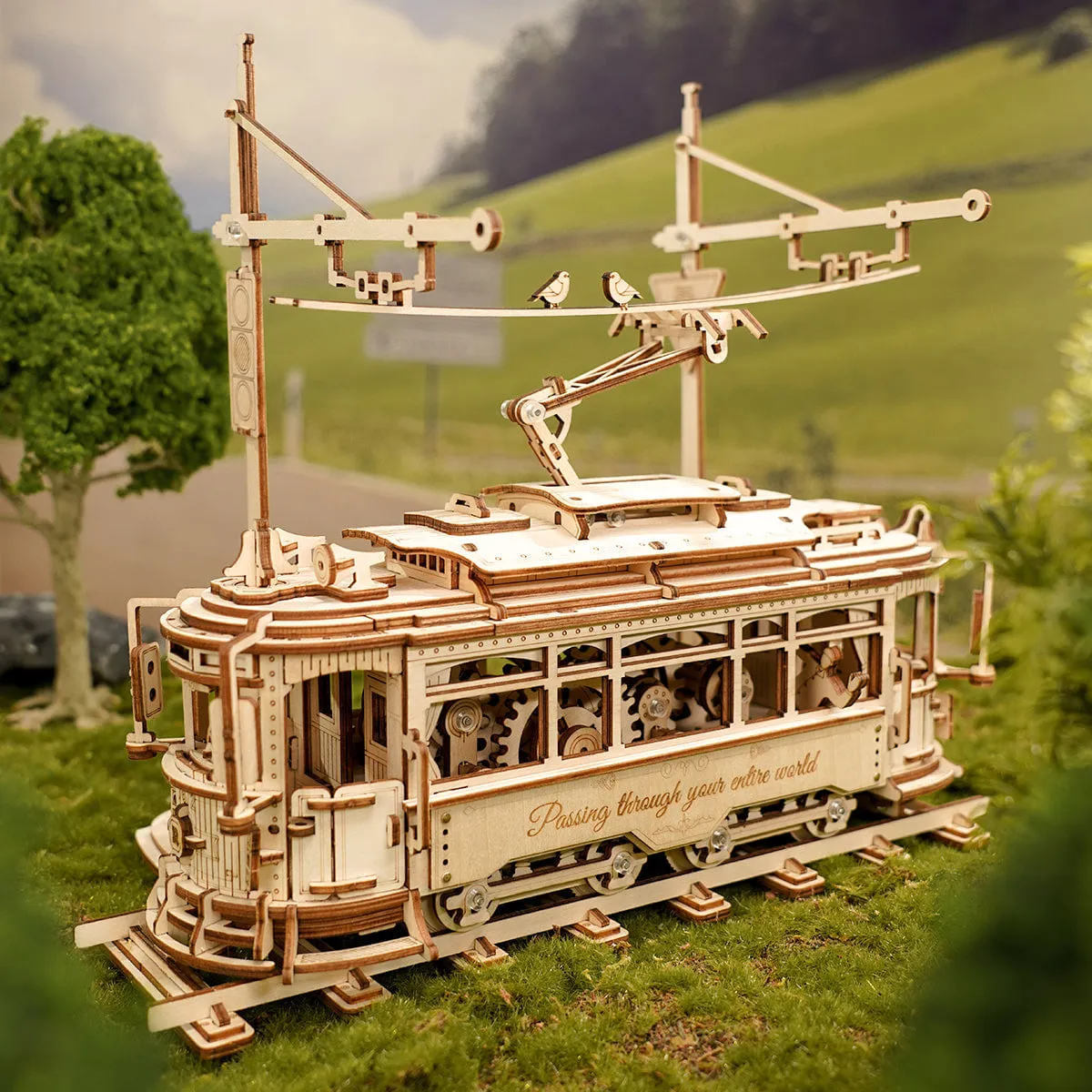 Tramway en bois sur des rails posés dans l'herbe devant un arbre et des collines