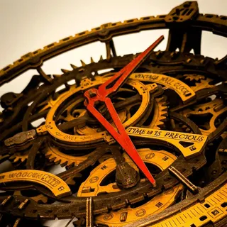 Gros plan sur les aiguilles rouges et les engrenages gravés « Time is precious »