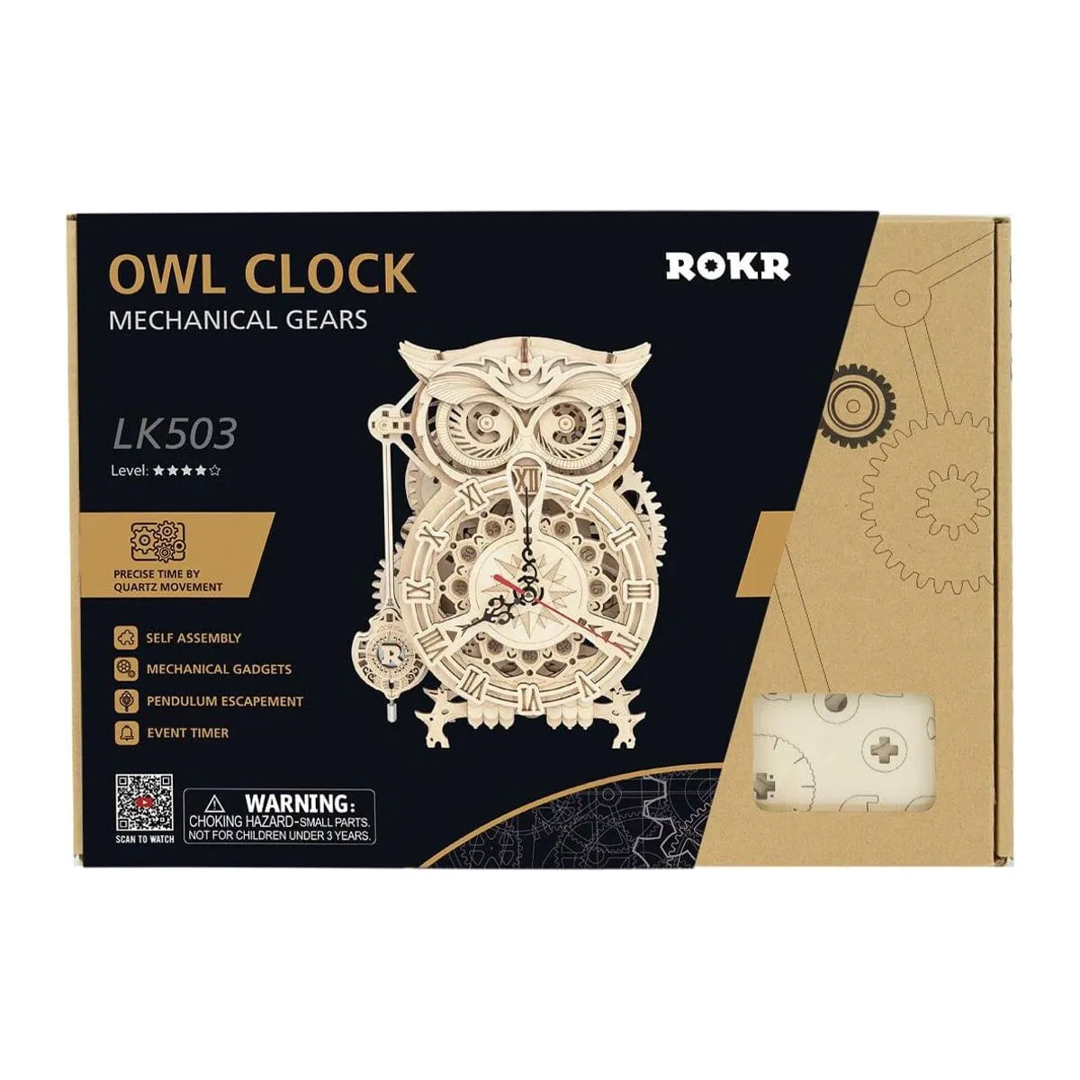 Boîte noire et kraft illustrée du hibou en bois, avec fenêtre transparente sur les pièces