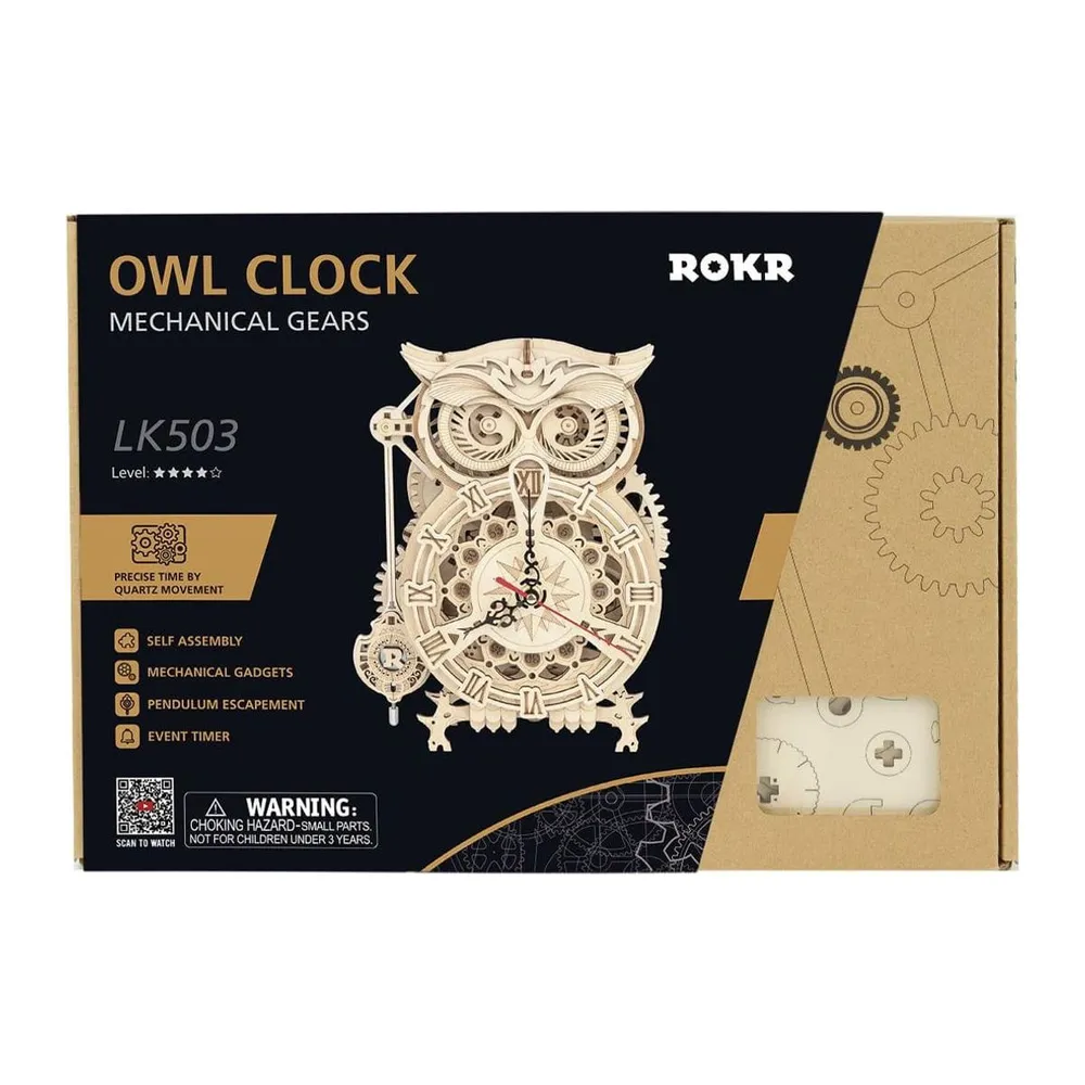 Boîte noire et kraft illustrée du hibou en bois, avec fenêtre transparente sur les pièces