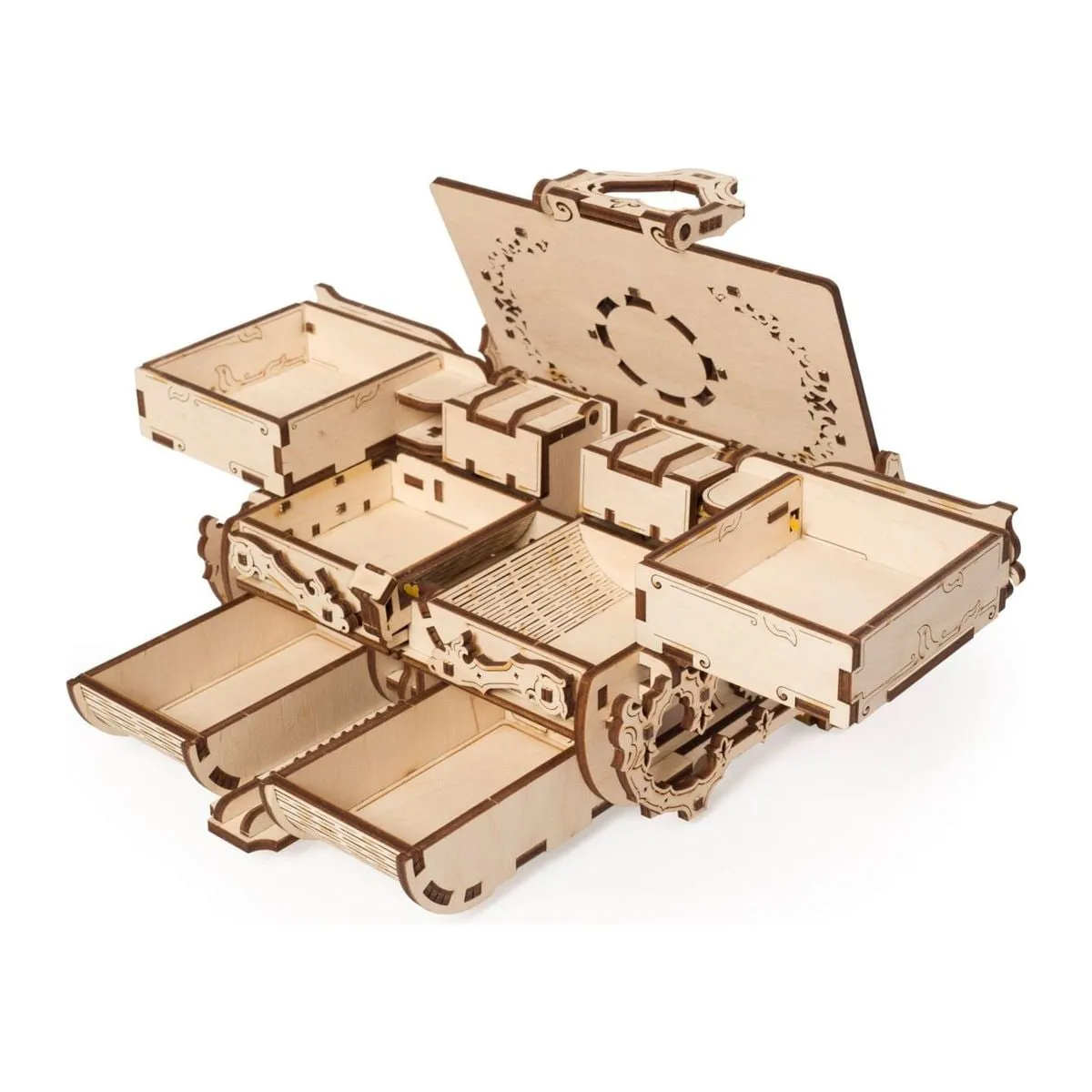 Coffret antique ouvert, les compartiments supérieurs pivotés sur les côtés et le tiroir du bas avancé