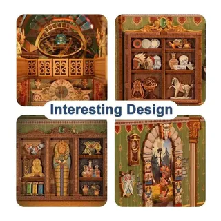 Quatre détails : planétarium, vitrine de poteries, sarcophage, porte en pierre