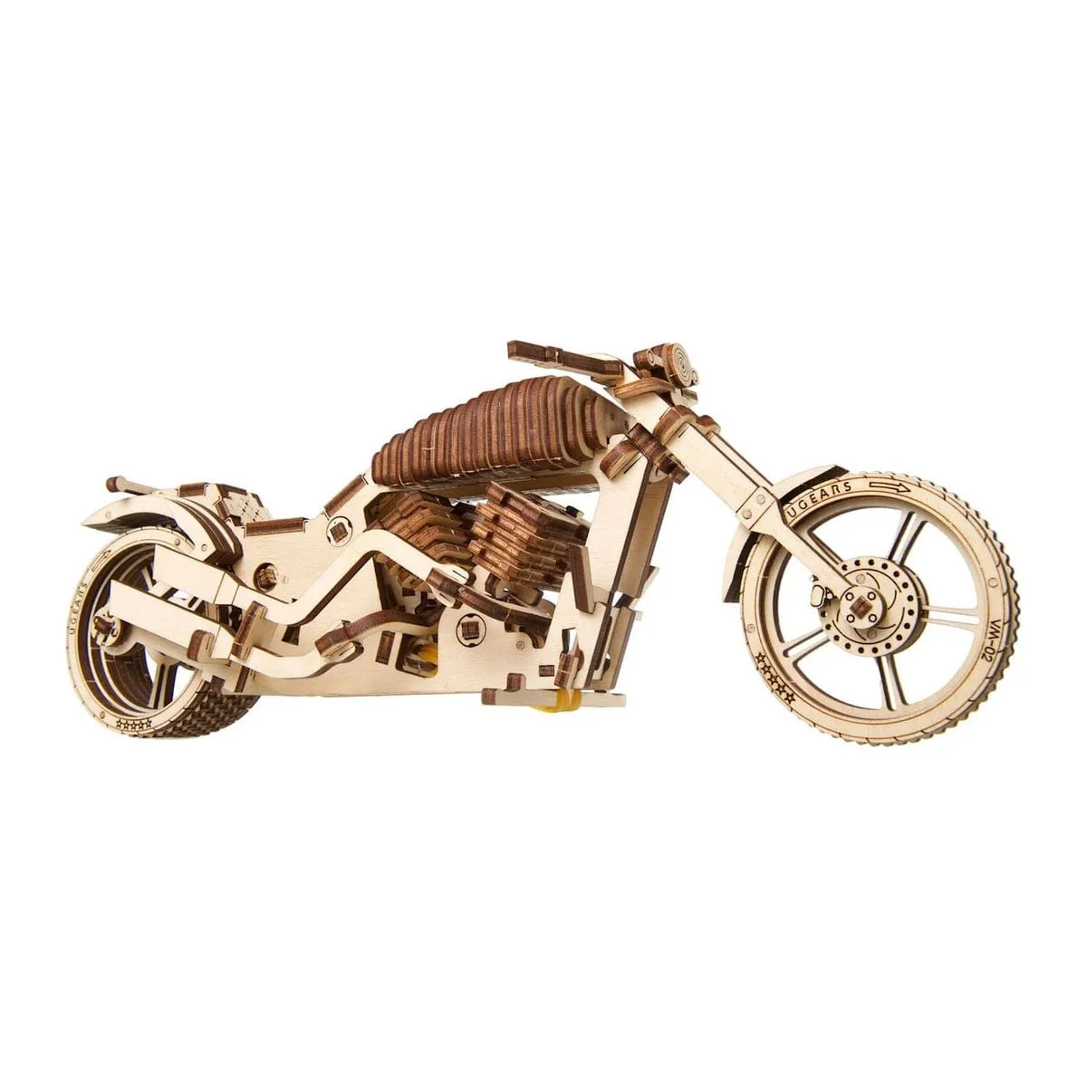 Profil gauche de la moto en bois Ugears, guidon, réservoir et pistons visibles