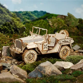 La jeep en bois de trois quarts sur un terrain rocailleux, pneus crantés au premier plan
