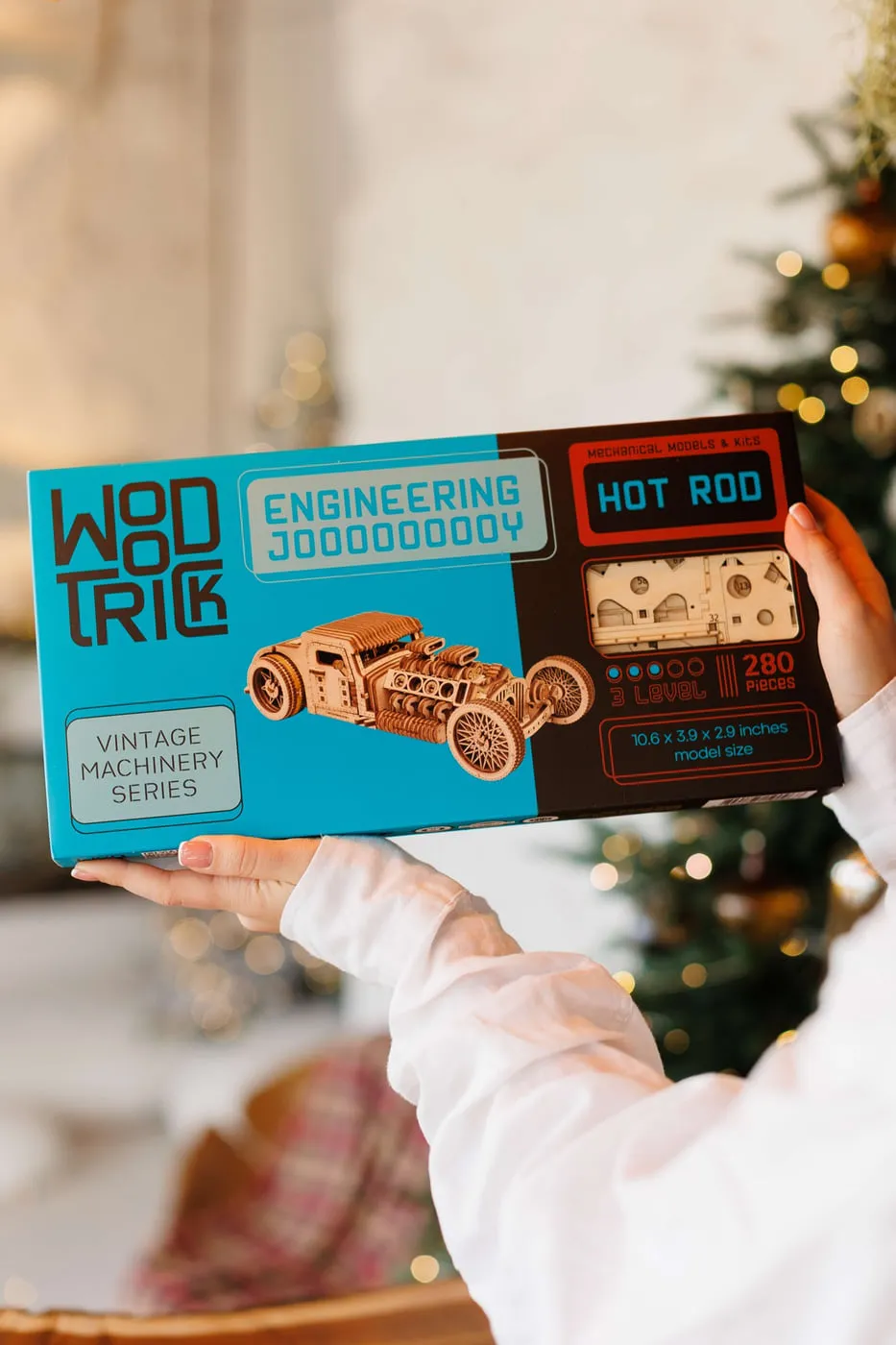 La boîte bleue du kit Hot Rod Wood Trick, niveau 3 et 280 pièces, tenue à deux mains